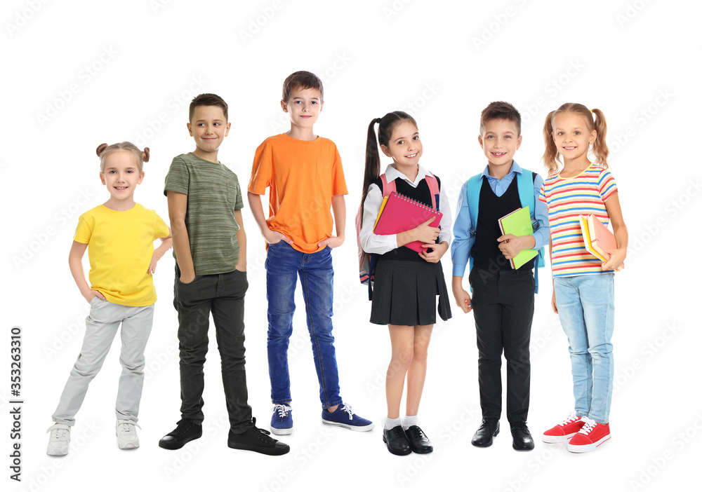 Group of cute school children on white background Group of cute school children on white background
