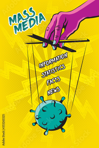 Mass Media Covid-19 Information Manipulations Comic Style Conspiracy Concept with Coronavirus Bacteria Controlled by Hand with Puppet Strings - Black on Yellow Background - Hand Drawn Design