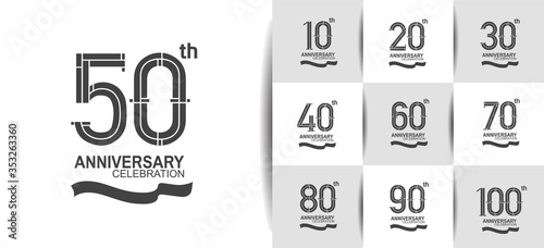 Anniversary logotype set with black color and ribbon. vector design for celebration purpose, greeting, invitation card premium edition.	