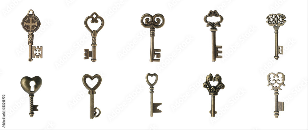 Set of different ornate keys on white background. Banner design Set of different ornate keys on white background. Banner design