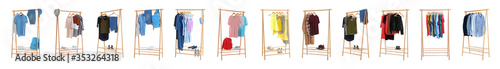 Set of wardrobe racks with different clothes on white background. Banner design