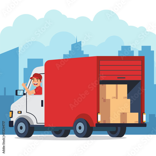 Courier in car happy vector illustration