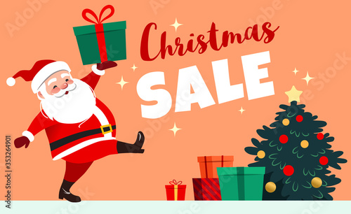 Cute smiling Santa Claus marching carrying a wrapped gift, Christmas Sale caption, decorated Christmas tree with presents in the background. Christmas sale design element for retail promotional poster