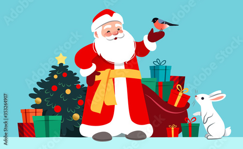 Russian Santa Claus in long red robe, with Christmas tree, wrapped gifts, sack of gifts, hare and bird. Christmas, New year vector cartoon character illustration for greeting cards, posters, ads.