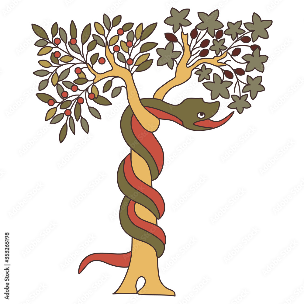 Isolated vector illustration. Tree of the knowledge of good and evil ...