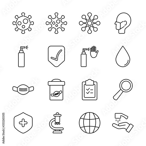 spray can and Coronavirus icon set, line style