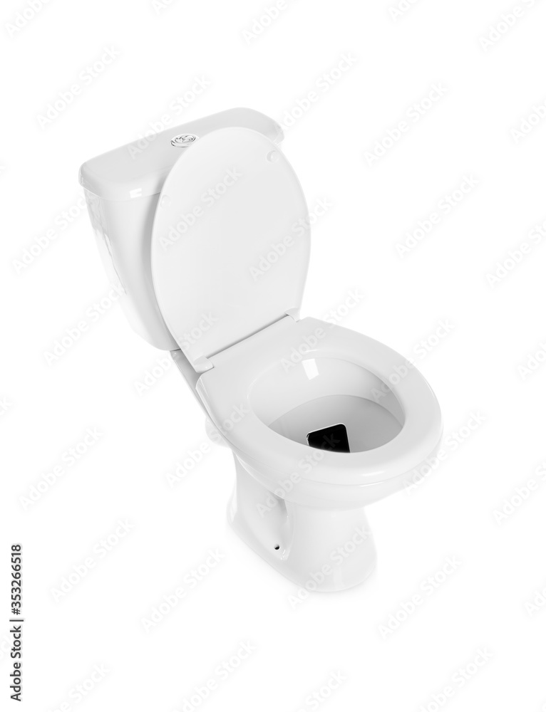 Smartphone dropped into toilet bowl on white background