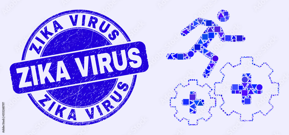 Geometric patient run over gears mosaic icon and Zika Virus seal. Blue vector rounded distress seal with Zika Virus title. Abstract mosaic of patient run over gears combined of sphere, tringle,