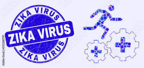 Geometric patient run over gears mosaic icon and Zika Virus seal. Blue vector rounded distress seal with Zika Virus title. Abstract mosaic of patient run over gears combined of sphere, tringle,
