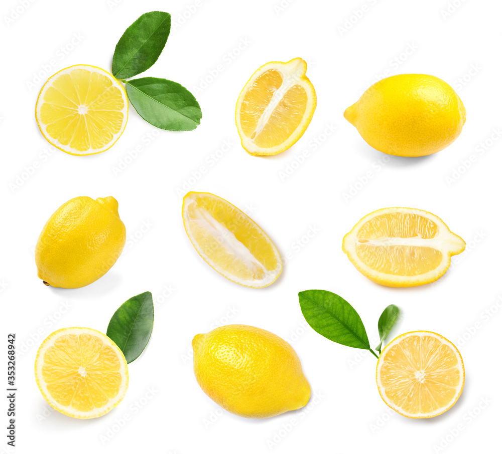 Set of delicious lemons on white background, top view