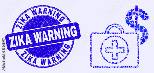 Geometric Financial medical case mosaic pictogram and Zika Warning seal stamp. Blue vector round grunge seal stamp with Zika Warning text.