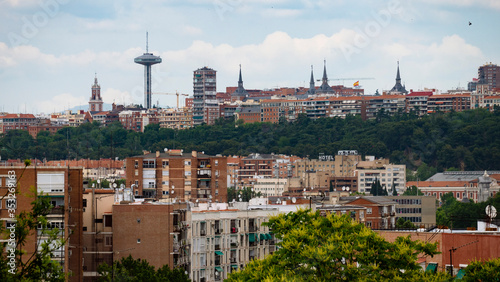 MADRID, SPAIN ,MARCH 19, 2020: PANORAMIC VIEW OF PART OF MADRID WITH ITS TRAFFIC CONTROL TOWER IN THE BACKGROUND, MONCLOA. 