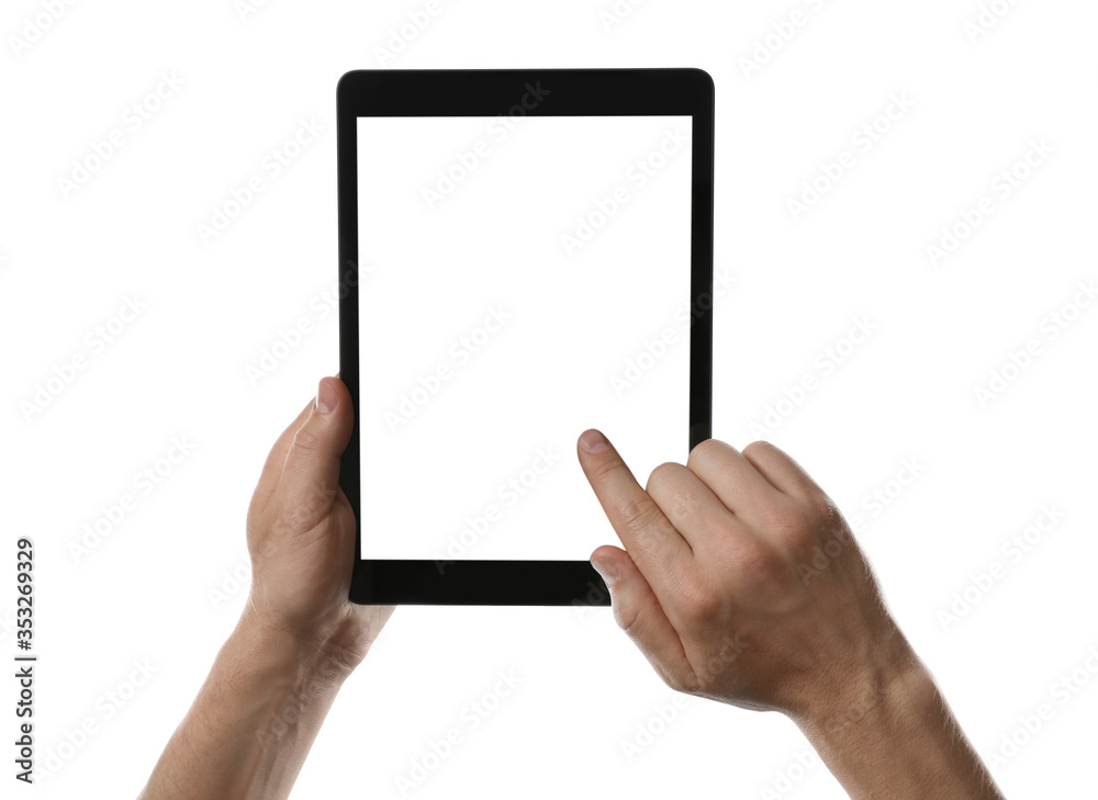 Man using tablet computer with blank screen on white background, closeup. Modern gadget Man using tablet computer with blank screen on white background, closeup. Modern gadget