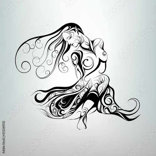 Girl in dress with decorative hair. vector illustration