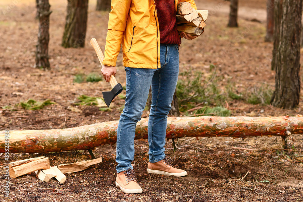 Handsome lumberjack with axe in forest Handsome lumberjack with axe in forest