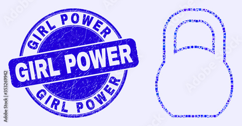 Geometric iron pound mosaic icon and Girl Power seal. Blue vector rounded textured seal stamp with Girl Power text. Abstract mosaic of iron pound combined of sphere, triangles, square geometric spots.