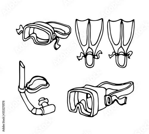 simple diving equipment set, breathing tube, mask & rubber fins for underwater swimming, vector illustration with black ink contour lines isolated on white background in doodle and hand drawn style