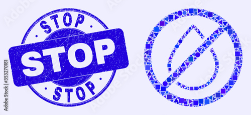 Geometric stop water leak mosaic icon and Stop seal stamp. Blue vector rounded distress seal stamp with Stop text. Abstract mosaic of stop water leak made of sphere, triangles, square geometric spots.