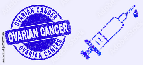 Geometric blood syringe mosaic pictogram and Ovarian Cancer seal stamp. Blue vector round textured stamp with Ovarian Cancer caption. Abstract concept of blood syringe composed of round, triangles,