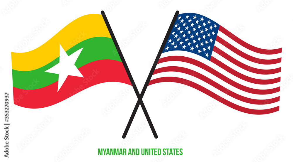 Myanmar and United States Flags Crossed And Waving Flat Style. Official Proportion. Correct Colors