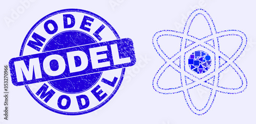 Geometric atom model mosaic pictogram and Model seal stamp. Blue vector round distress seal stamp with Model title. Abstract composition of atom model organized of spheric, triangles,