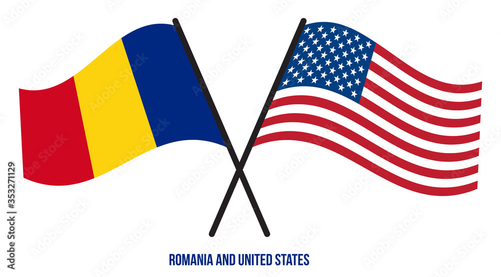 Romania and United States Flags Crossed And Waving Flat Style. Official Proportion. Correct Colors