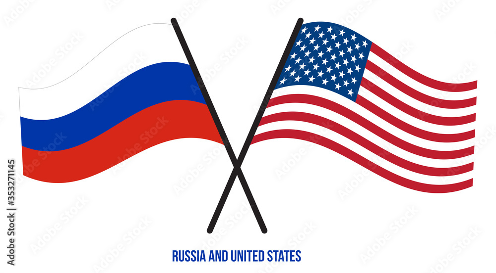 Russia and United States Flags Crossed And Waving Flat Style. Official Proportion. Correct Colors Russia and United States Flags Crossed And Waving Flat Style. Official Proportion. Correct Colors