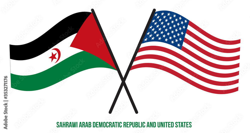 Sahrawi and United States Flags Crossed And Waving Flat Style. Official Proportion. Correct Colors