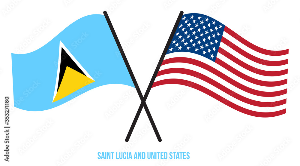 Saint Lucia and United States Flags Crossed Flat Style. Official Proportion. Correct Colors