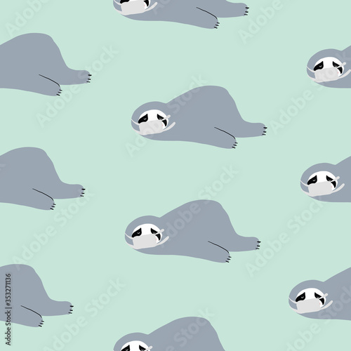 Sloth wearing face mask. Stylish repeating pattern with mint green teal background. 