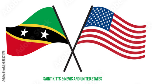 Saint Kitts & Nevis and United States Flags Crossed And Waving Flat Style. Official Proportion