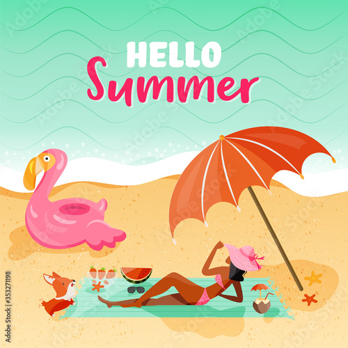 Hello Summer Illustration. Tropical landscape with tanned girl sunbathing in seashore, enjoying sun with her corgi dog. Summer concept design for poster, banner, flyer, invitation, card. Travel Agent