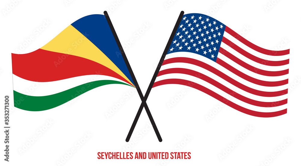 Seychelles and United States Flags Crossed Flat Style. Official Proportion. Correct Colors