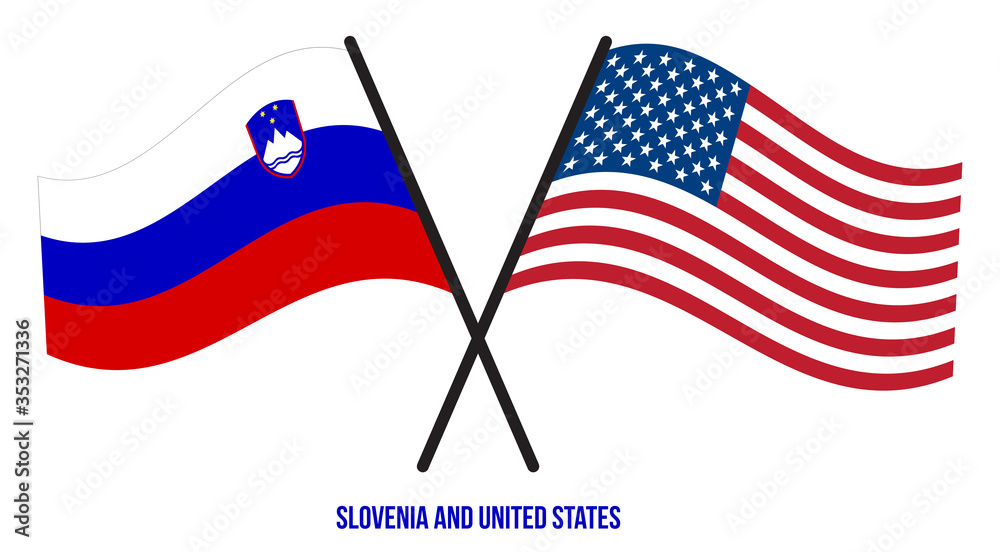 Slovenia and United States Flags Crossed And Waving Flat Style. Official Proportion. Correct Colors