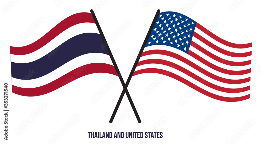 Thailand and United States Flags Crossed And Waving Flat Style. Official Proportion. Correct Colors