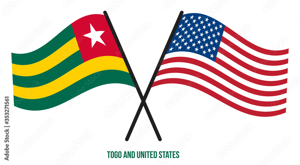Togo and United States Flags Crossed And Waving Flat Style. Official Proportion. Correct Colors