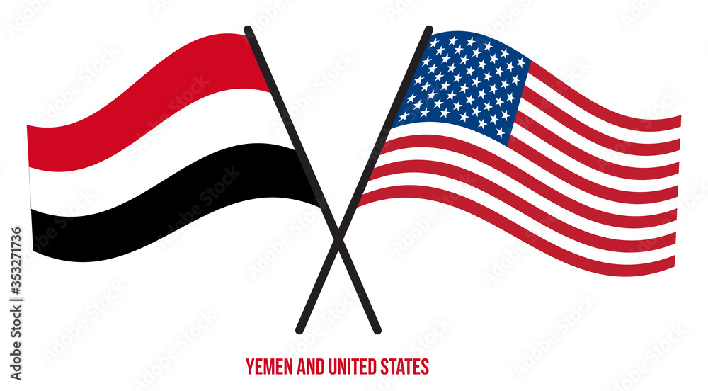 Yemen and United States Flags Crossed And Waving Flat Style. Official Proportion. Correct Colors