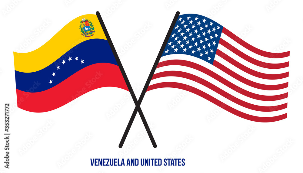 Venezuela and United States Flags Crossed And Waving Flat Style. Official Proportion. Correct Colors