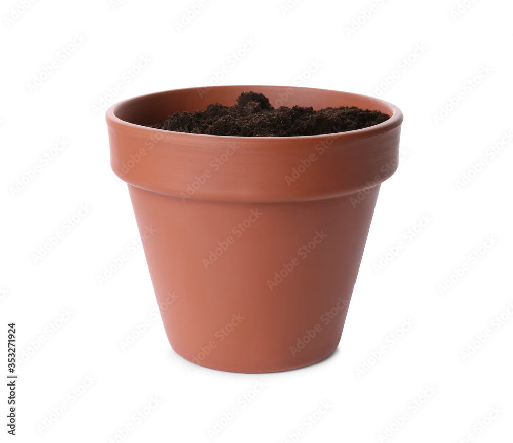 Stylish terracotta flower pot with soil isolated on white Stylish terracotta flower pot with soil isolated on white