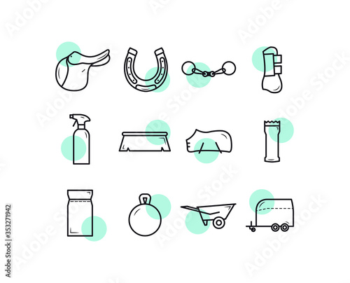 Horse equipment icons. Horse care tools icons set. Saddle, horseshoe, fishing rod, foot protection, cleaning agent, brush, feed, wheelbarrow, horse trailer
