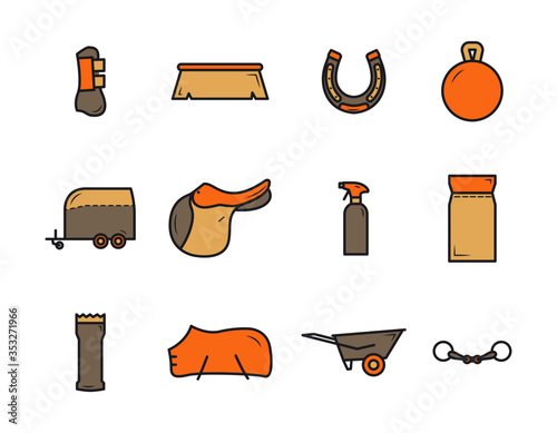 Horse equipment icons. Horse care tools icons colored set. Saddle, horseshoe, fishing rod, foot protection, cleaning agent, brush, feed, wheelbarrow, horse trailer