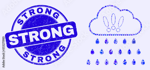 Geometric strong rain clouds mosaic icon and Strong seal stamp. Blue vector round distress seal stamp with Strong title. Abstract mosaic of strong rain clouds designed of round, triangles,