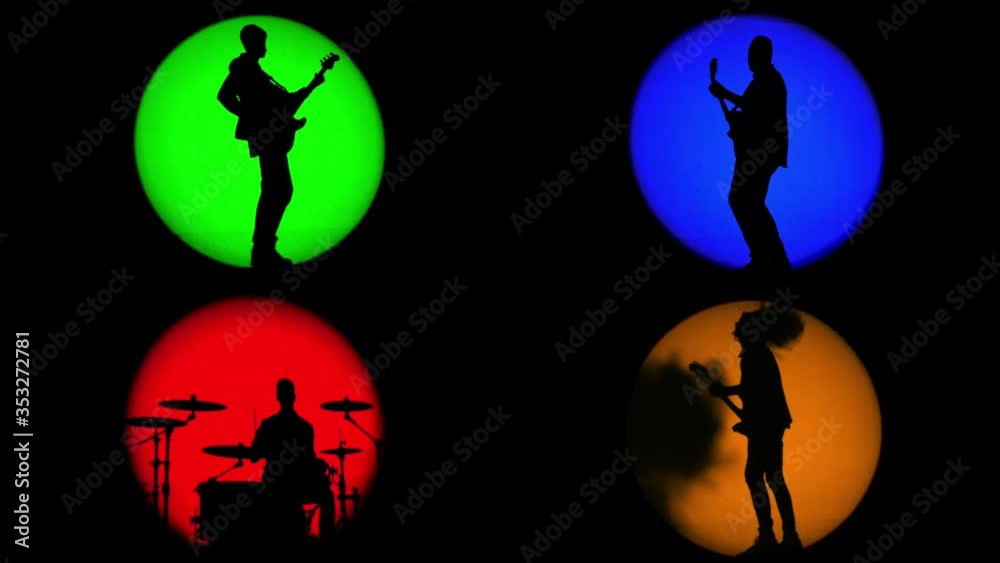 Collage of shadows of musicians in round beams of different colors light