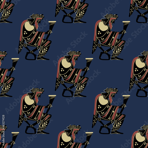 Seamless repeating pattern with silhouettes of ancient Greek god Dionysus holding rhyton of wine. Vase painting style.