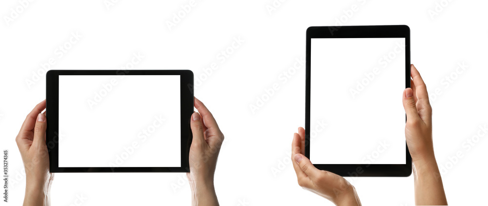 Woman holding tablet computer on white background, closeup. Banner design - obrazy, fototapety, plakaty 