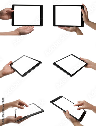 Collage with photos of people holding tablet computer on white background, closeup