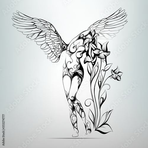 Angel with flowers. vector illustration