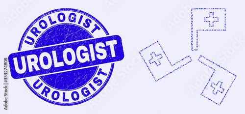 Geometric medical flags mosaic pictogram and Urologist stamp. Blue vector round distress seal stamp with Urologist text. Abstract collage of medical flags organized of round, triangles,