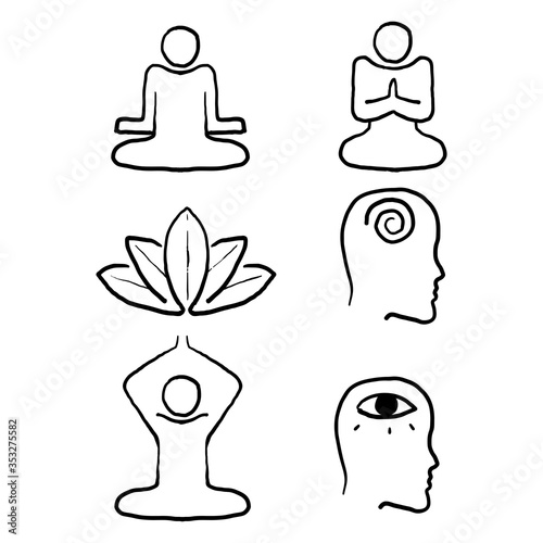 hand drawn Meditation Practice and Yoga Vector Line Icons Set. Relaxation, Inner Peace, Self-knowledge, Inner Concentration, Spiritual Practice.doodle