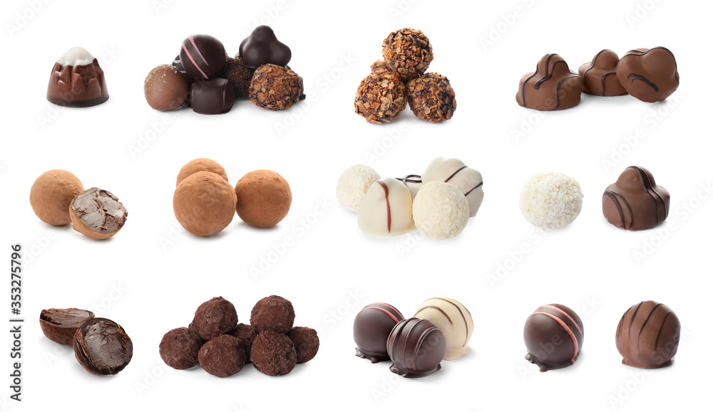 Set with different chocolate candies on white background